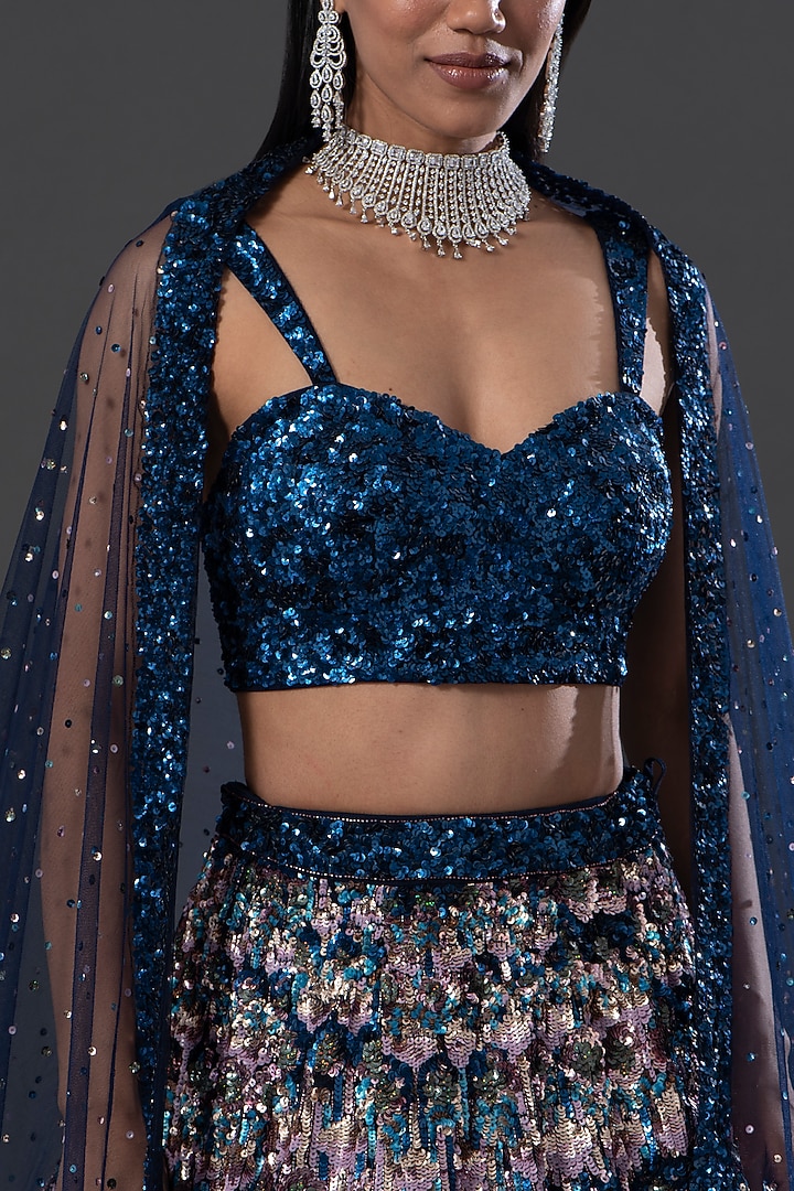 Navy Blue Raw Silk Floral Sequin Embroidered Bridal Lehenga Set
 by Seema Gujral at Pernia's Pop Up Shop
